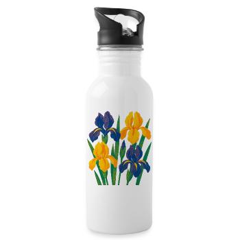 Iris Harmony: Golden and Indigo Blooms - Water bottle with straw - white - Right