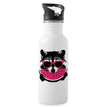 Raccoon in pink sunglasses eating melon - Water bottle with straw - white - Right