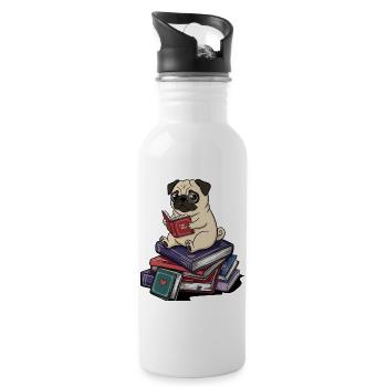 Bücherwurm-Mopshund liest Bücher Kunst - Trinkflasche mit integriertem Trinkhalm - Weiß - Rechts