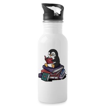 Bücherwurm, Pinguin, Vogel liest Bücher Kunst - Trinkflasche mit integriertem Trinkhalm - Weiß - Rechts