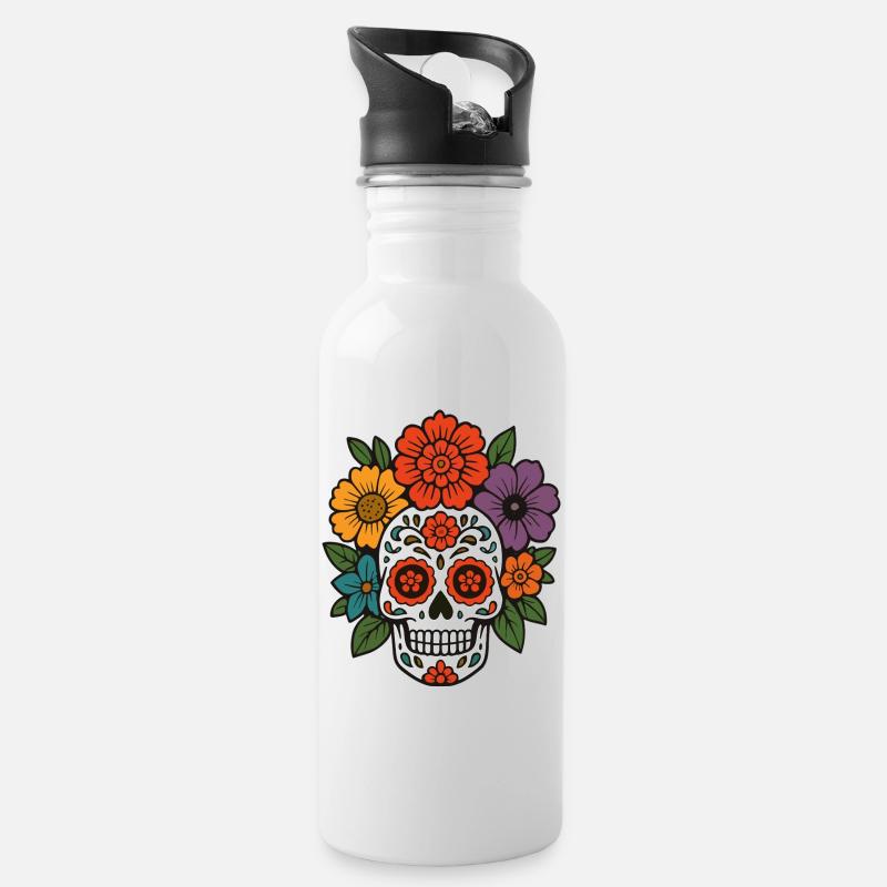 Blumen-Sugar-Skull im Dia de los Muertos Stil - Trinkflasche mit integriertem Trinkhalm - Weiß