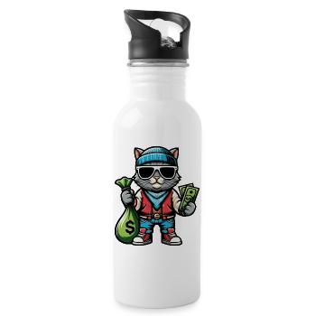 Katze mit Geld und Sonnenbrille - Trinkflasche mit integriertem Trinkhalm - Weiß - Rechts