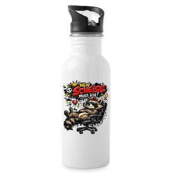 Lustiger Waschbär Spruch Nen Scheiss muss ich - Trinkflasche mit integriertem Trinkhalm - Weiß - Rechts