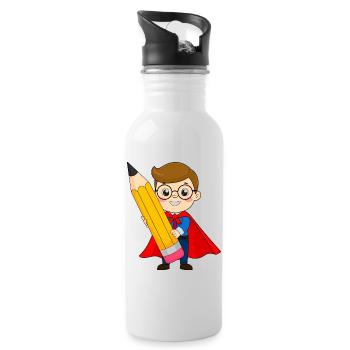Superheld mit Stift & Brille zur Einschulung - Trinkflasche mit integriertem Trinkhalm - Weiß - Rechts