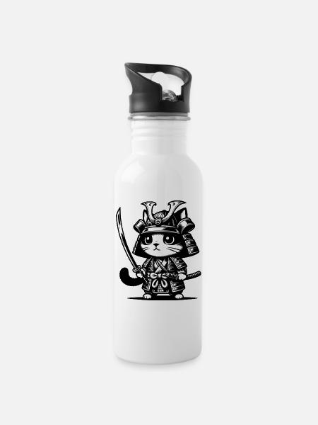 Samurai-Katze – Originalgeschenk - Trinkflasche mit integriertem Trinkhalm - Weiß