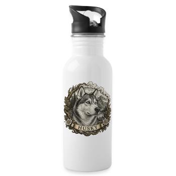 Husky in vintage style with mountain landscape - Water bottle with straw - white - Right