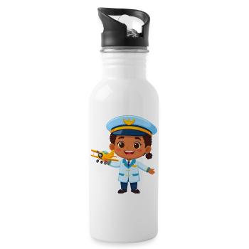 Kawaii Captain with Airplane – Cute Pilot Art - Water bottle with straw - white - Right