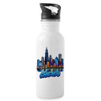 Chicago Neon Skyline Druck - Trinkflasche mit integriertem Trinkhalm - Weiß - Rechts