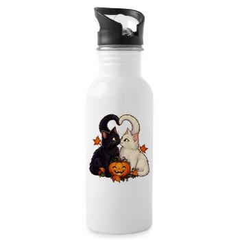 Zwei Katzen und ein Kürbis - Trinkflasche mit integriertem Trinkhalm - Weiß - Rechts