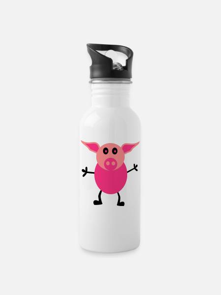 Schweine Männchen - Trinkflasche mit integriertem Trinkhalm - Weiß