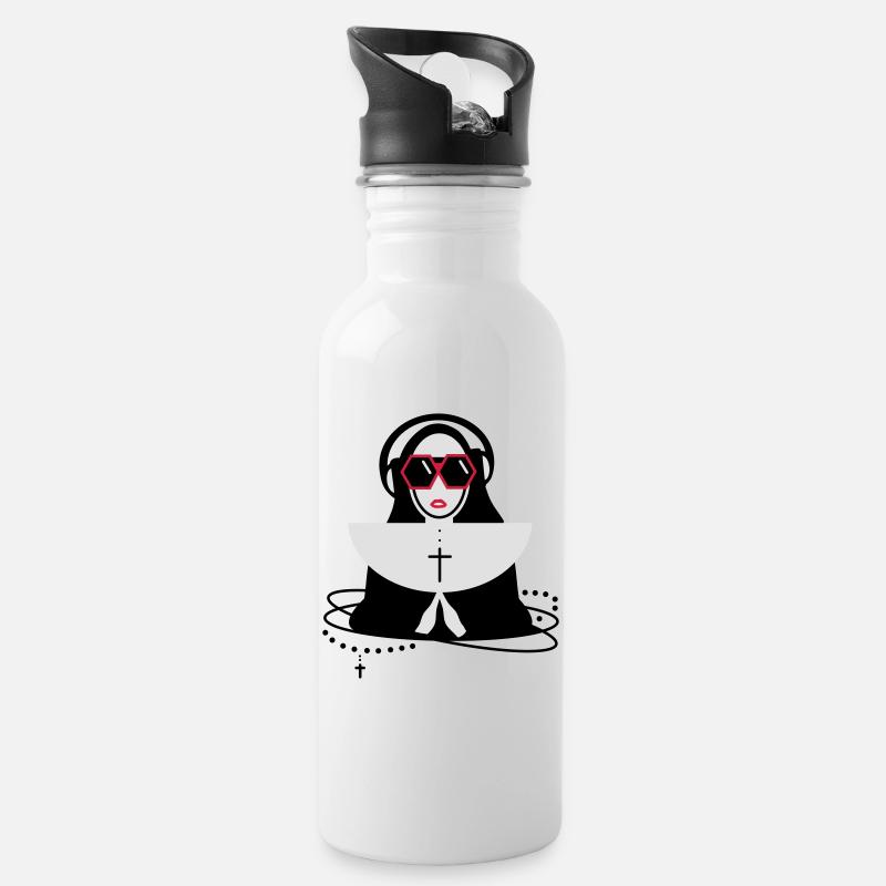 Nonne mit Sonnenbrille und Kopfhörer - Trinkflasche mit integriertem Trinkhalm - Weiß