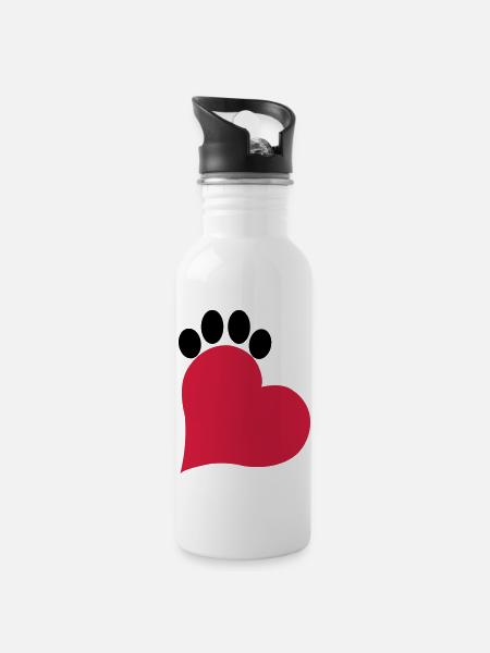 Herz und Pfote Katze - Trinkflasche mit integriertem Trinkhalm - Weiß