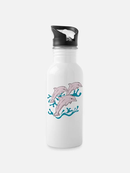 Drei Delphine - Trinkflasche mit integriertem Trinkhalm - Weiß