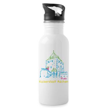 Kaiserstadt Aachen, Handzeichnung Ponttor - Trinkflasche mit integriertem Trinkhalm - Weiß - Rechts