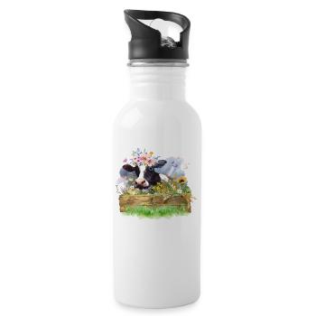 Kuh-Aquarell - Trinkflasche mit integriertem Trinkhalm - Weiß - Rechts