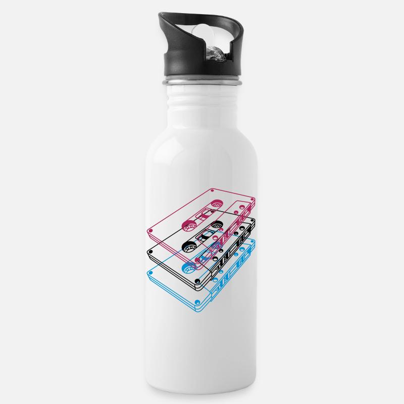 Kassetten 3D – Retro Mixtape Vintage Perspektive - Trinkflasche mit integriertem Trinkhalm - Weiß