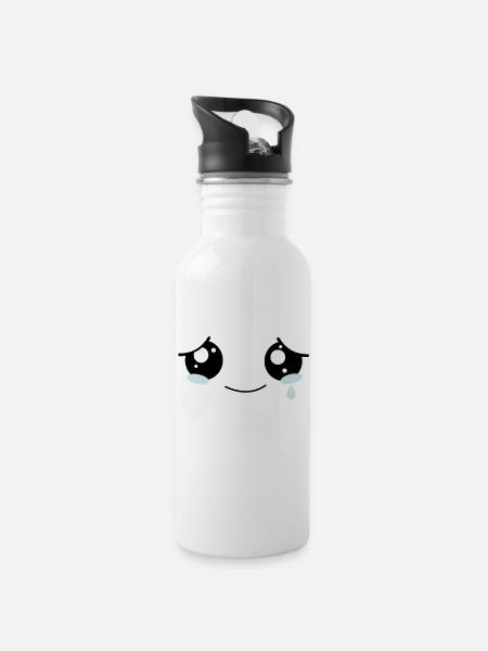 Sad Kawaii Face - Trinkflasche mit integriertem Trinkhalm - Weiß