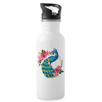 Peacock Bird Animal Flowers Flowers Flower Wreath - Water bottle with straw - white - Right