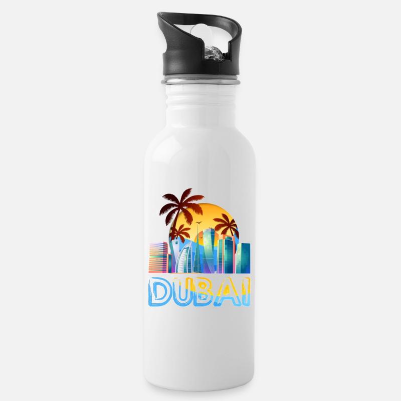 Dubai Skyline Sommer Sonne Palmen Strand Meer - Trinkflasche mit integriertem Trinkhalm - Weiß