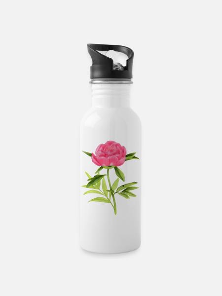 Pfingstrose - Trinkflasche mit integriertem Trinkhalm - Weiß