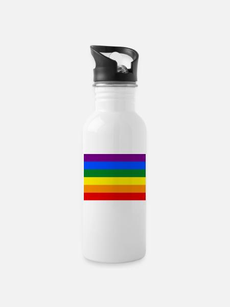 Regenbogenfahne - Trinkflasche mit integriertem Trinkhalm - Weiß