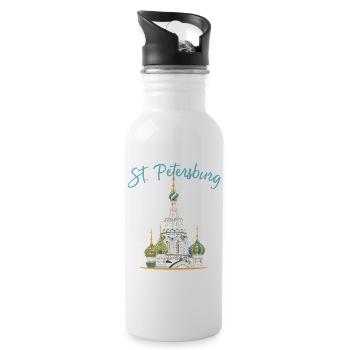 St. Petersburg, Church, Russia, Line Drawing - Water bottle with straw - white - Right