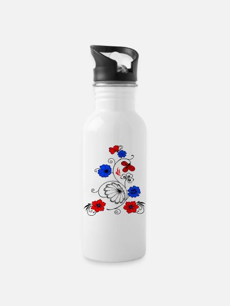 Blumenranke mit Schmetterling - Trinkflasche mit integriertem Trinkhalm - Weiß
