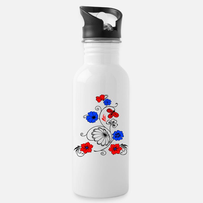 Blumenranke mit Schmetterling - Trinkflasche mit integriertem Trinkhalm - Weiß