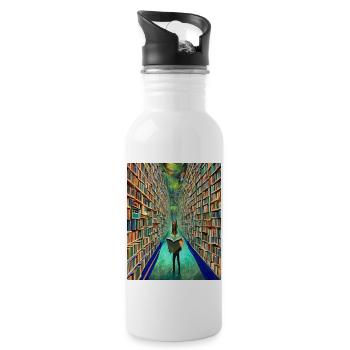 "Die Bücherei der Zeit" - Trinkflasche mit integriertem Trinkhalm - Weiß - Rechts