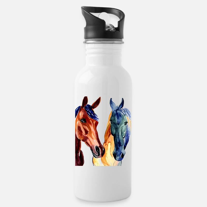 Pferde Abstraktes Aquarell - Trinkflasche mit integriertem Trinkhalm - Weiß