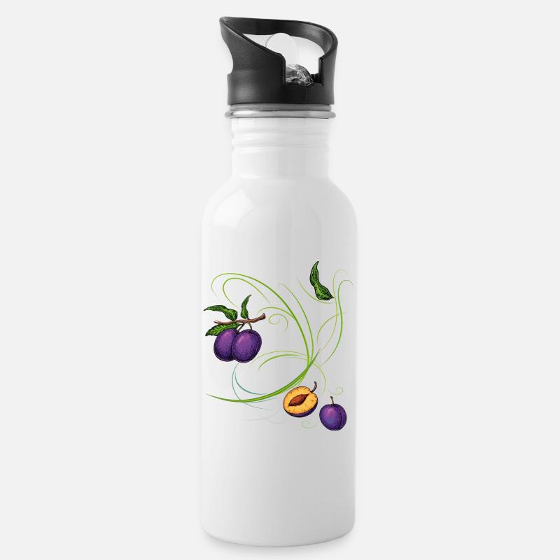 Pflaumen, Obst - Trinkflasche mit integriertem Trinkhalm - Weiß