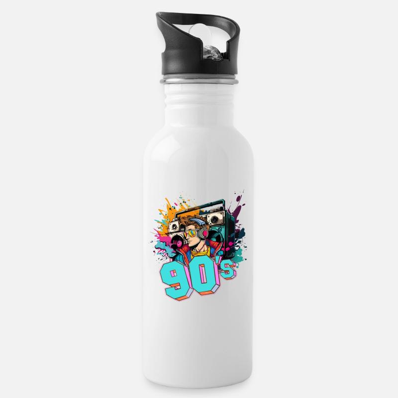 90s 90er Jahre Musik Ghettoblaster Kopfhörer Party - Trinkflasche mit integriertem Trinkhalm - Weiß