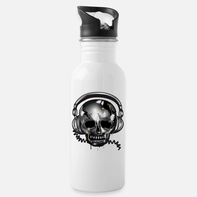 Totenkopf Skull mit Kopfhörer im Chrom Look - Trinkflasche mit integriertem Trinkhalm - Weiß