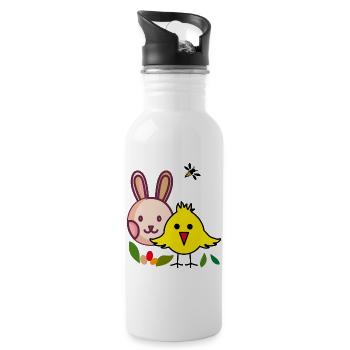 Lapin et poussin de Pâques - Gourde avec paille intégrée - blanc - Droite