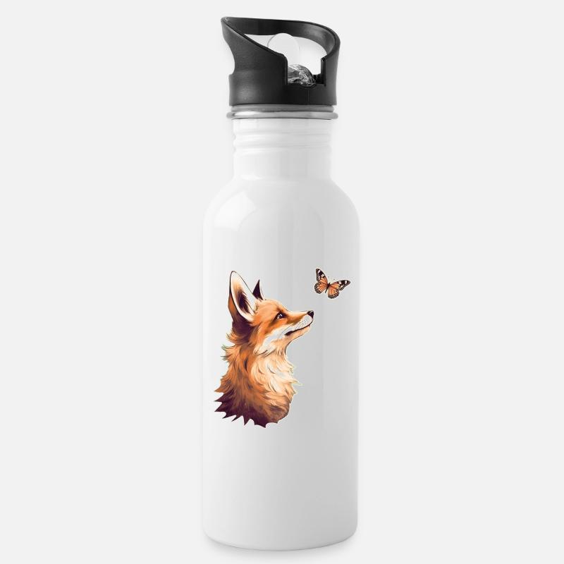 Fuchs mit Schmetterling - Trinkflasche mit integriertem Trinkhalm - Weiß
