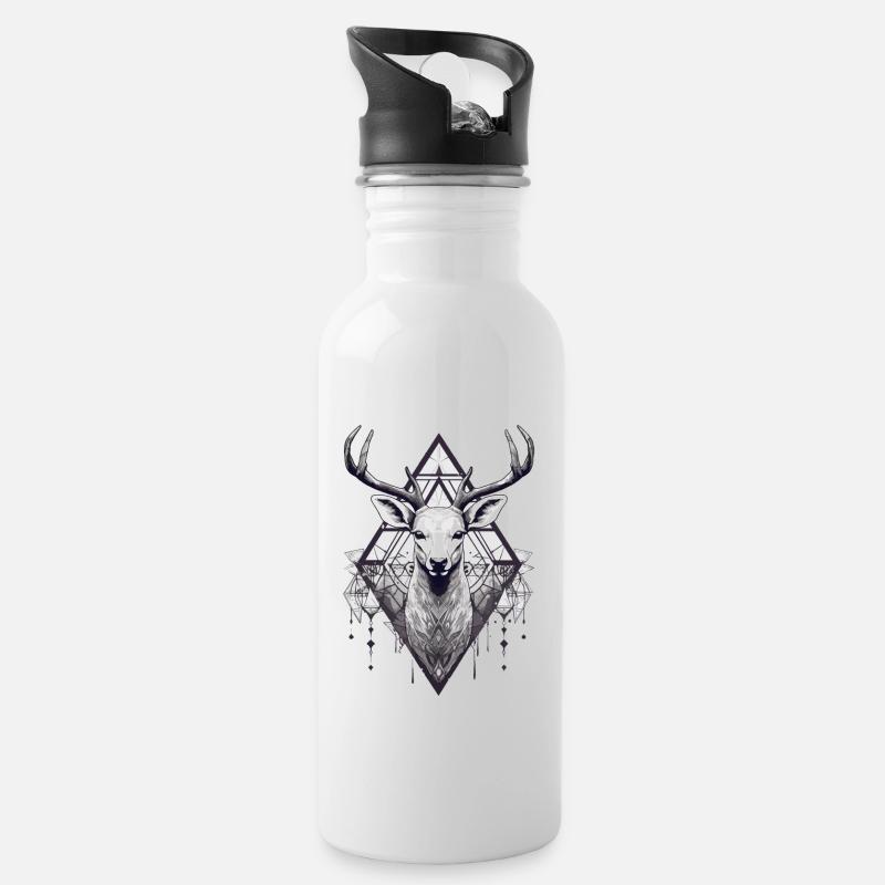 black and white deer boho style - Water bottle with straw - white