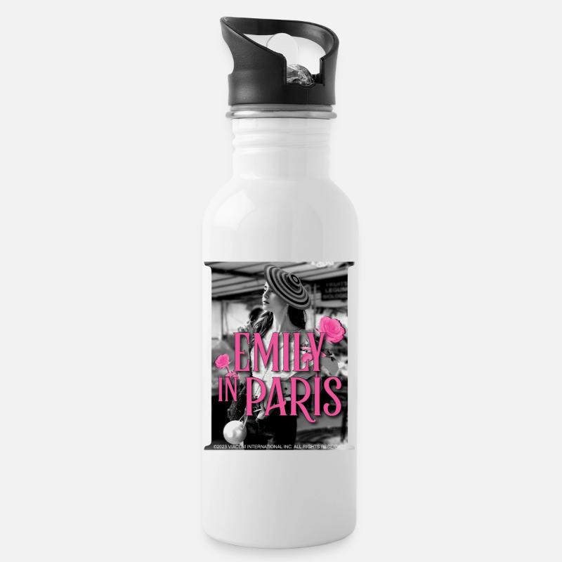 Emily In Paris Emily Mit Rosen Schwarz Weiß - Trinkflasche mit integriertem Trinkhalm - Weiß