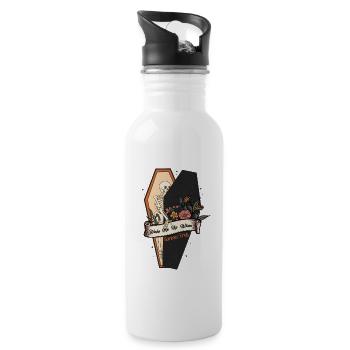 Lustiges Halloween Design: Skelett im Sarg Spruch - Trinkflasche mit integriertem Trinkhalm - Weiß - Rechts