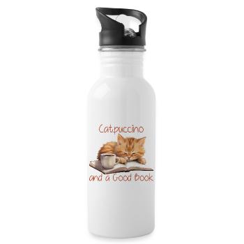 Catpuccino And A Good Book - Bücherwurm und Katzen - Trinkflasche mit integriertem Trinkhalm - Weiß - Rechts