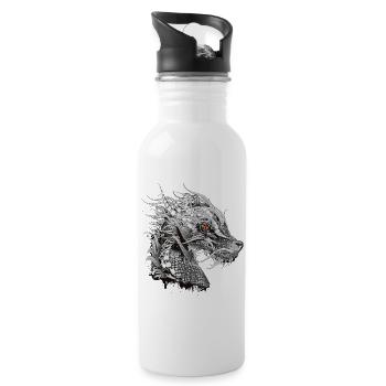 kunstvoll gestalteter mystischer Drachen Kopf - Trinkflasche mit integriertem Trinkhalm - Weiß - Rechts