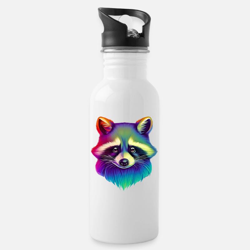 Waschbär - Trinkflasche mit integriertem Trinkhalm - Weiß