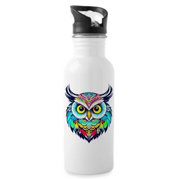 Farbenfroher Kopf eines niedlichen Eulen-Tattoos - Trinkflasche mit integriertem Trinkhalm - Weiß - Rechts