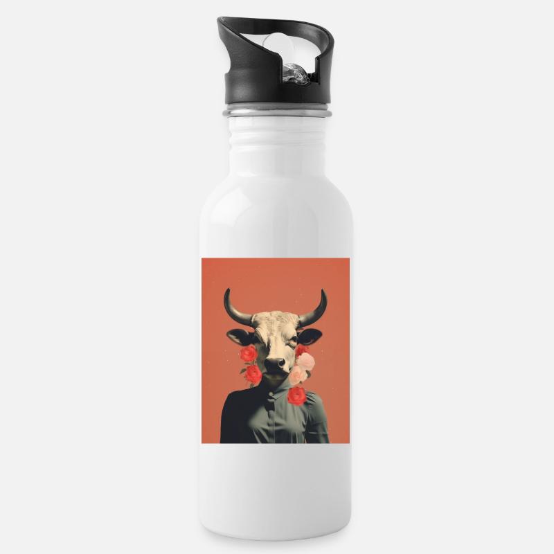 Collage surréaliste de vache femme - Gourde avec paille intégrée - blanc