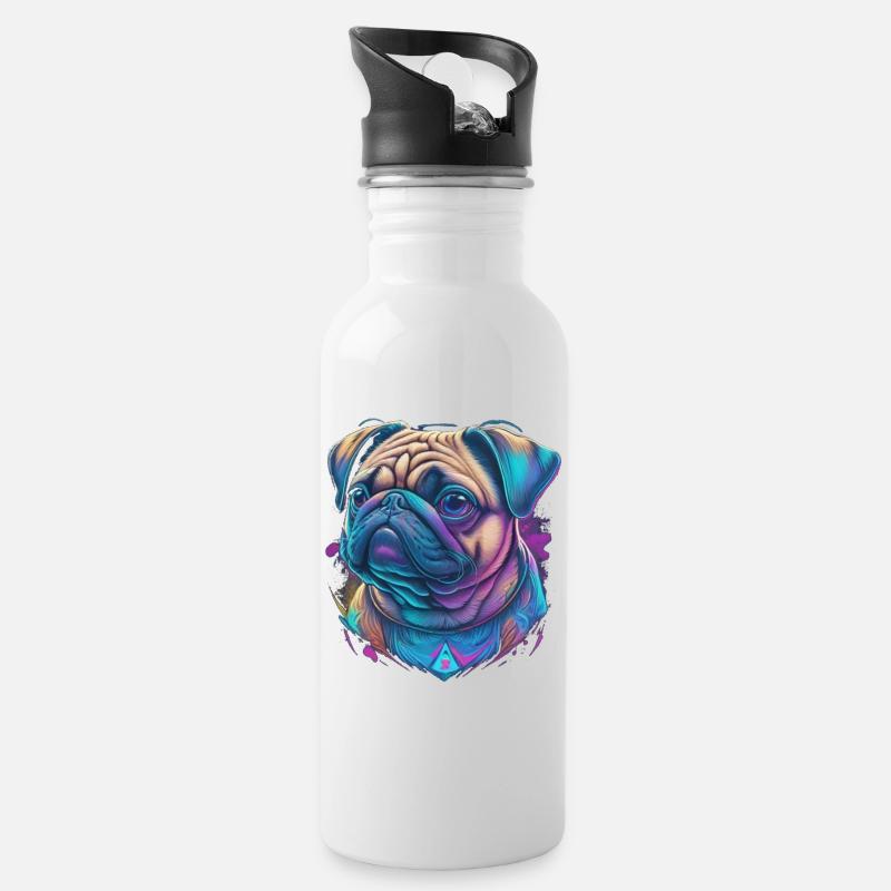 Mops Kopf - Trinkflasche mit integriertem Trinkhalm - Weiß