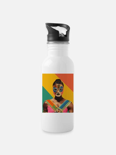 Women Mexican Wrestling Art Vintage Paper Craft - Water bottle with straw - white