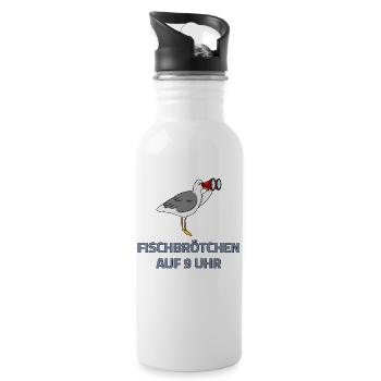 Fish sandwich at 9 o'clock - seagull with binoculars - Water bottle with straw - white - Right