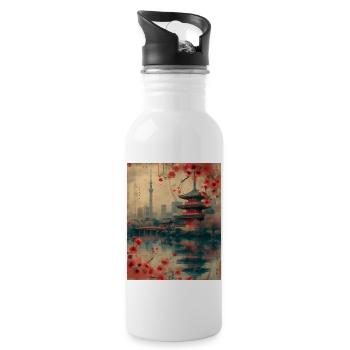 Eastern Harmony: Vintage Tokyo Skyline with Cherry - Water bottle with straw - white - Right