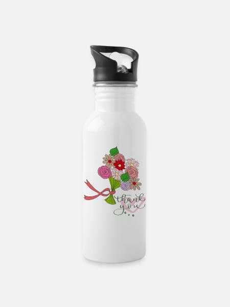 Danke Blumenstrauß - Trinkflasche mit integriertem Trinkhalm - Weiß