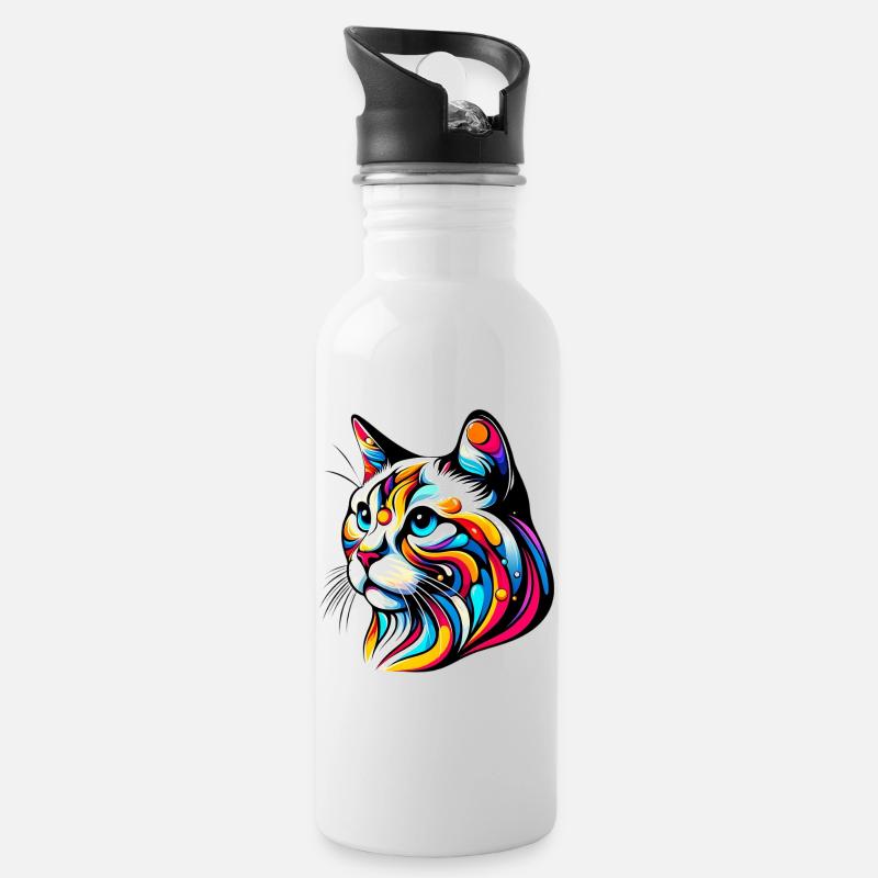 Katze - Trinkflasche mit integriertem Trinkhalm - Weiß