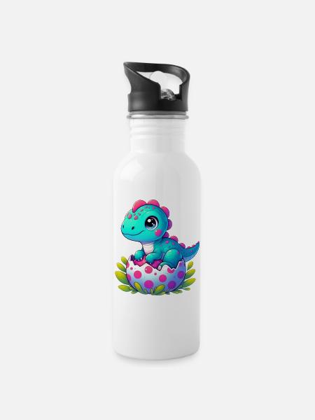 Dinosaurier - Trinkflasche mit integriertem Trinkhalm - Weiß